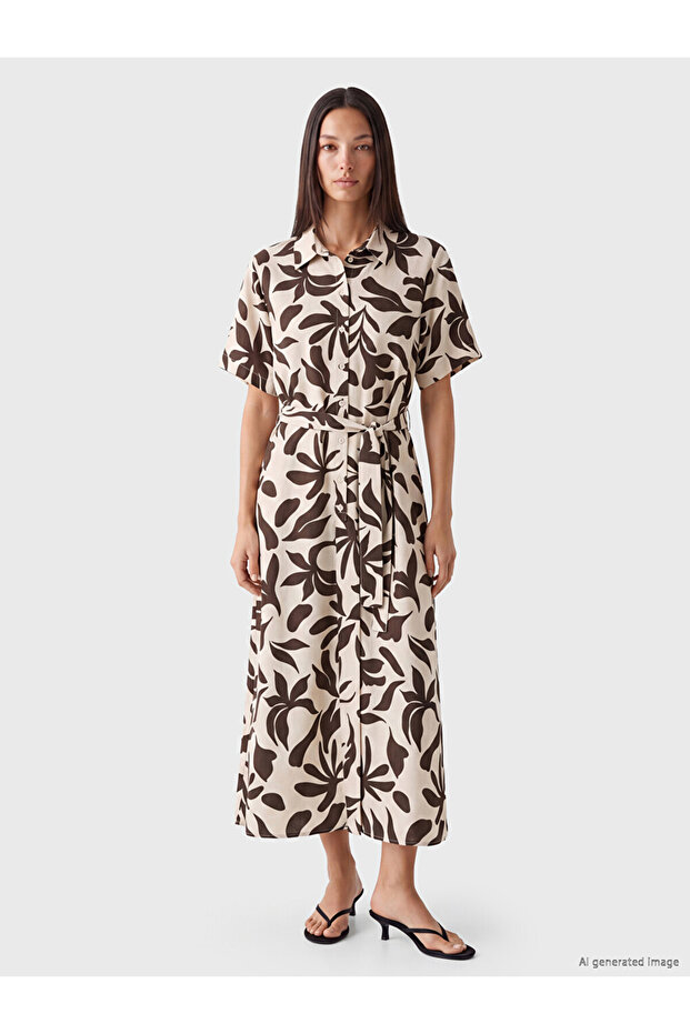 Lcw Everyday Brown Patterned Linen Blend Shirt Dress
