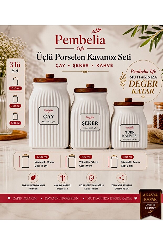 3-Piece Acacia Lid Porcelain Tea, Sugar, Coffee Storage Jar Set Düzen Kacanozu Spice Rack