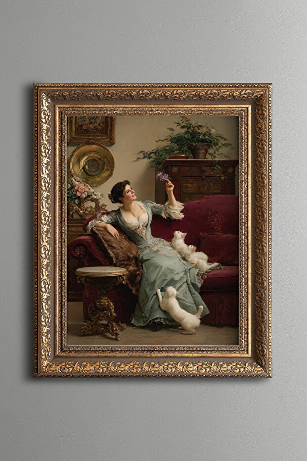 Elegant Woman and Kittens - Vintage Patterned Painting - Thick Model