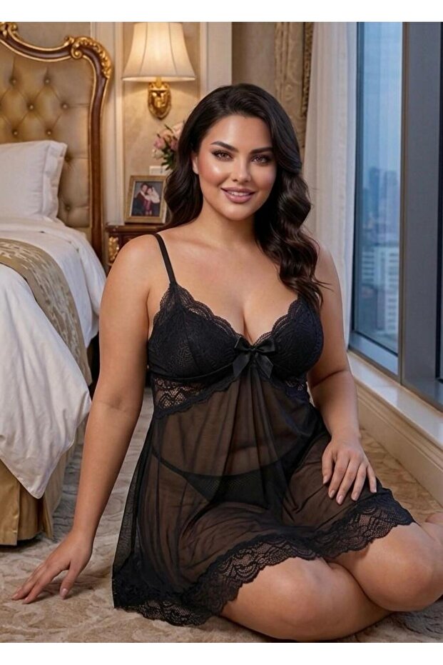 Plus size nightgown set with bow detail and lace tulle