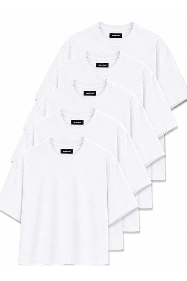 Pack of 5 White Men's Oversize T-Shirts - Crew Neck Basic T-Shirt