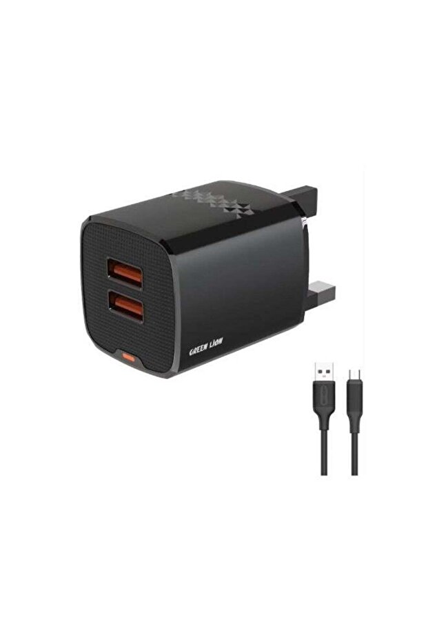 Dual Port Wall Charger with USB-A to USB-C Cable, 10.5W per USB-A Output, ABS Material, UK 3-Pin Plug, Smart Safety System, Ultra-Compact Design - Black
