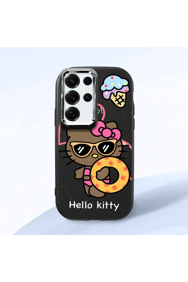 Samsung Galaxy S25 Ultra Compatible Case Camera Protector Black Silicone Couple Phone Case Kitty Pattern