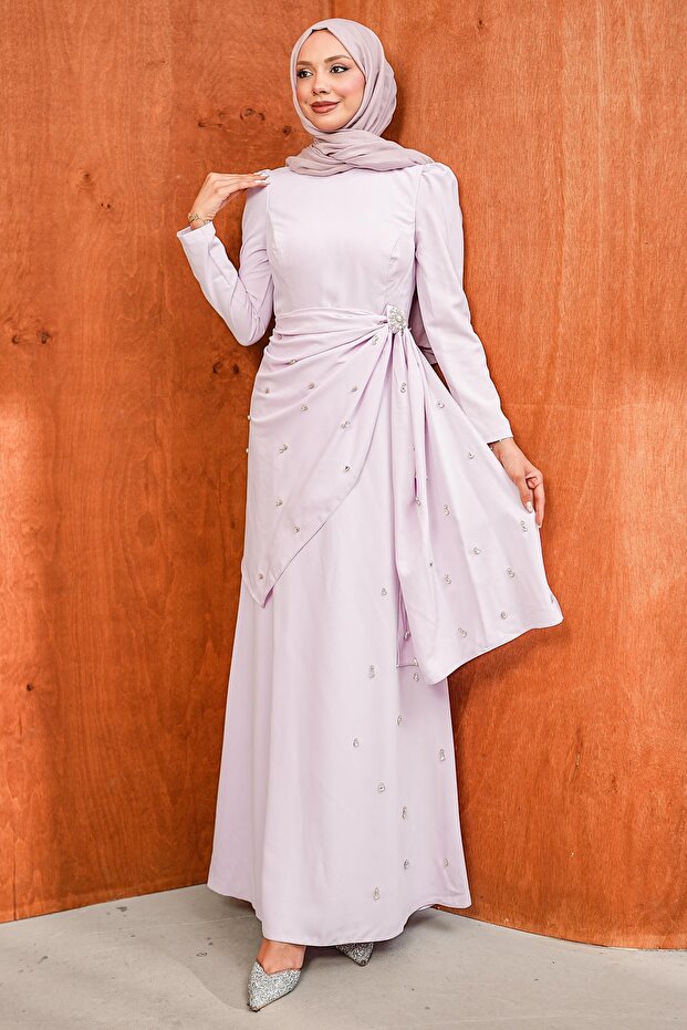 Lilac Waist Detailed Stoned Evening Dress