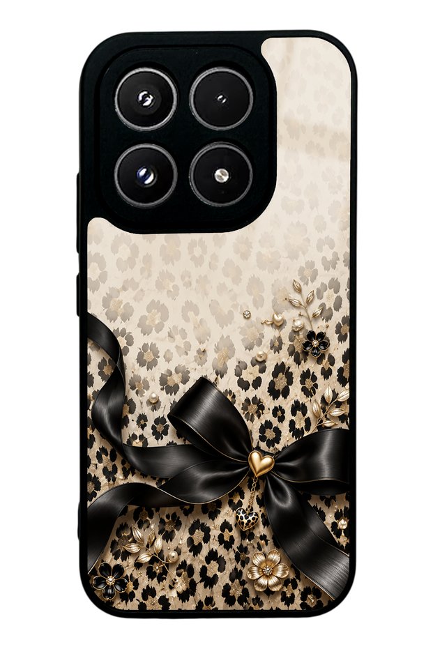 حافظة هاتف Xiaomi 17 Golden Leopard Bow Design لامعة