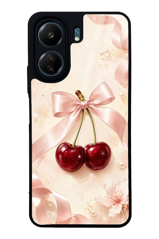 Xiaomi Redmi 13C Glossy Phone Case with Cherry Pearl Ribbon Design