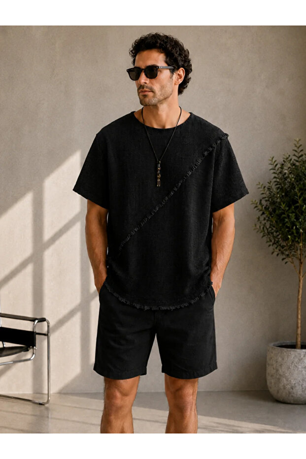 Oversize Bohemian Black Cotton Linen Tshirt