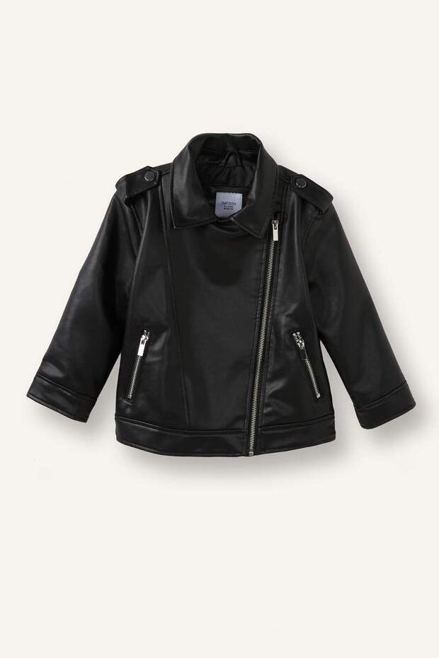 Water Repellent Faux Leather Envelope Collar Black Coat Baby Girl H2076A526Au