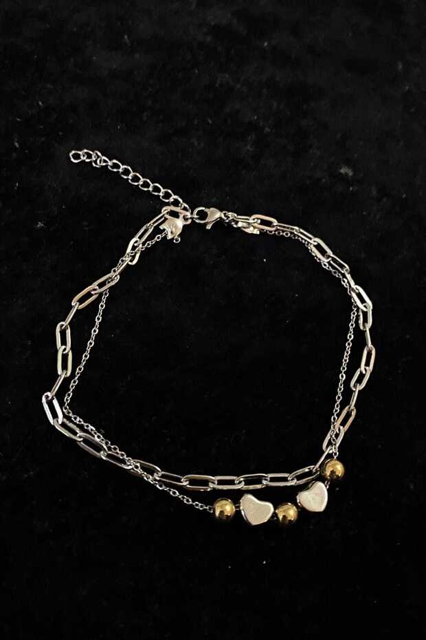 Silver Color Sphere Heart Model Crush and Sf Chain Steel Anklet - 3277