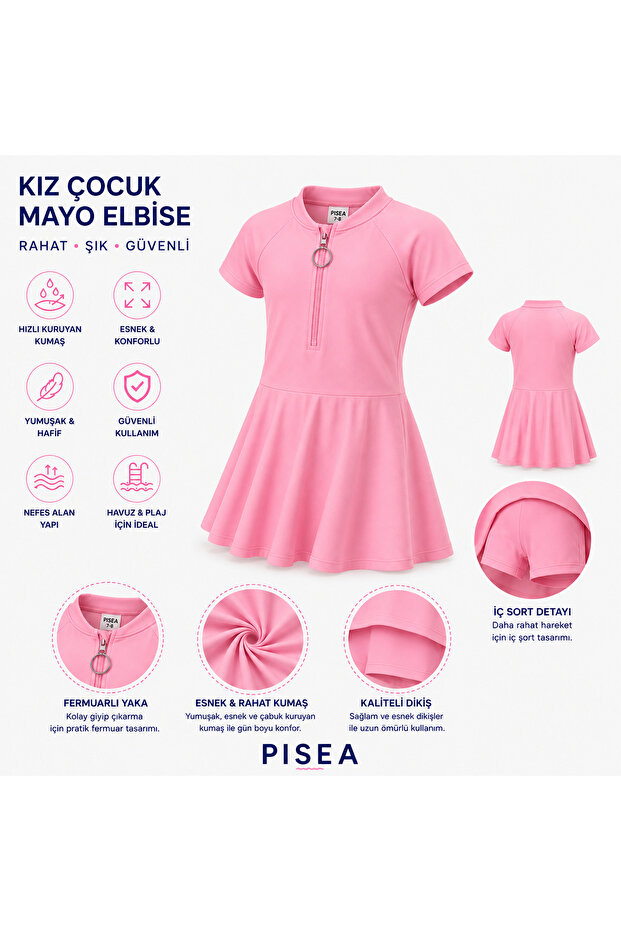 Girl's Short Sleeve Zippered Pink Color Lycra Swimsuit