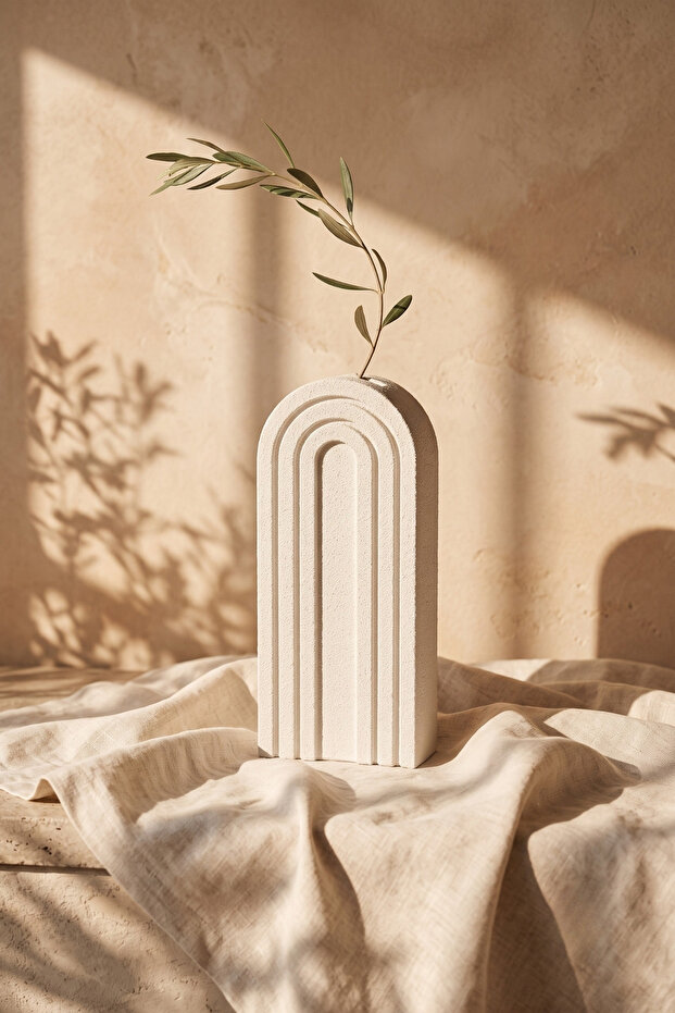 Bohemian Vase with Belt Motif, Ceramic Look, Matte, Large Size 20 Cm, Single Decorative Home Accessory