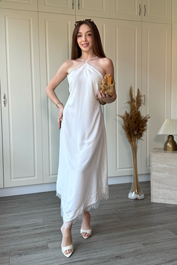Asymmetrical Ruched Satin Dress with Rope Straps
