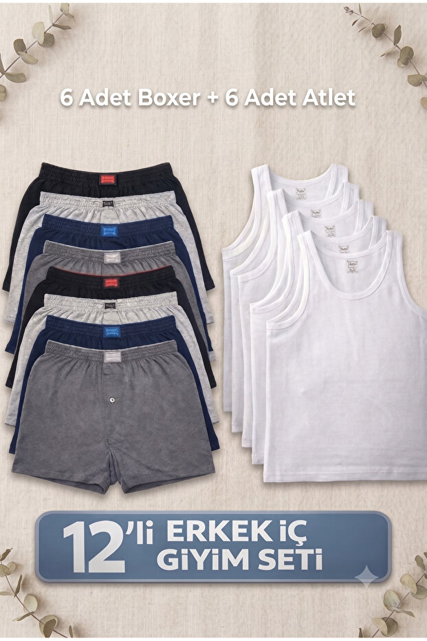 Men's Plain Combed Cotton Boxer 6 Pieces + Combed Cotton Tank Top 6 Pieces Economic Budget-Friendly Set (12 Pieces)