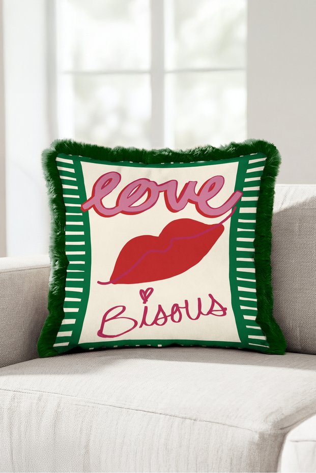 Love Lip Motif Fringed Pillowcase - Romantic Pop Art Cream Green Gray Tassel Throw Pillow Cover