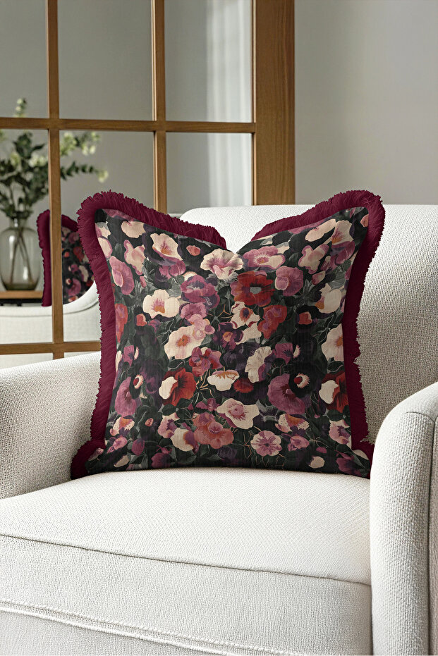 Floral Spring Design Fringed Pillowcase - Romantic Floral Black Burgundy Tassel Throw Pillow Cover