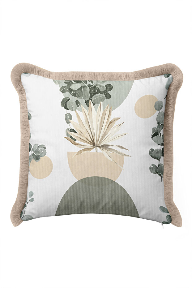 Tropical Leaf Geometric Fringe Pillowcase - Botanical Modern Beige Mink Tassel Throw Pillow Cover