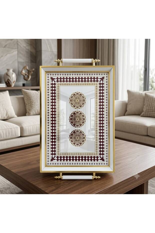 Model Gold-White Framed Luxury Presentation Tray 46X28 cm Real Glass