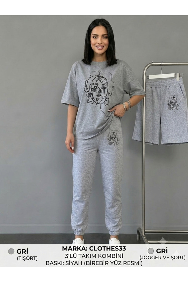 T-Shirt, Sweatpants, Shorts 3-Piece Combination, Thin Summer, Sweat-Absorbing, Women's Face Printed, Women'S/Girls' Model