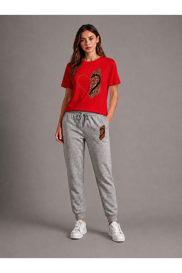 T-Shirt Sweatshirt 2-Piece Combination Thin Summer Sweat-Absorbing Leopard Heart Printed Women's / Girls' Model