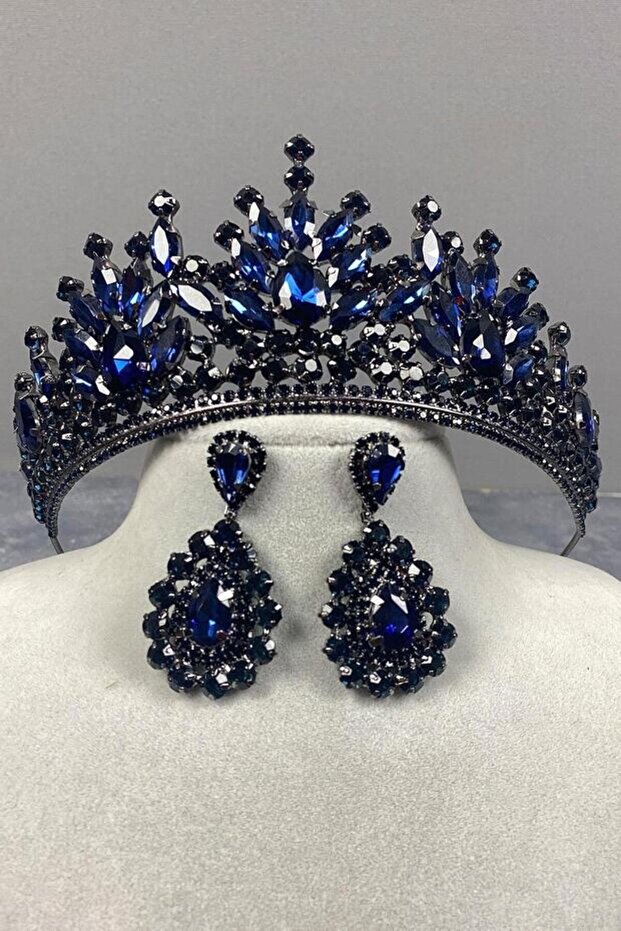 Pera Model Bridal Henna Crown and Drop Stone Evening Dress Earrings, Sultan Crown