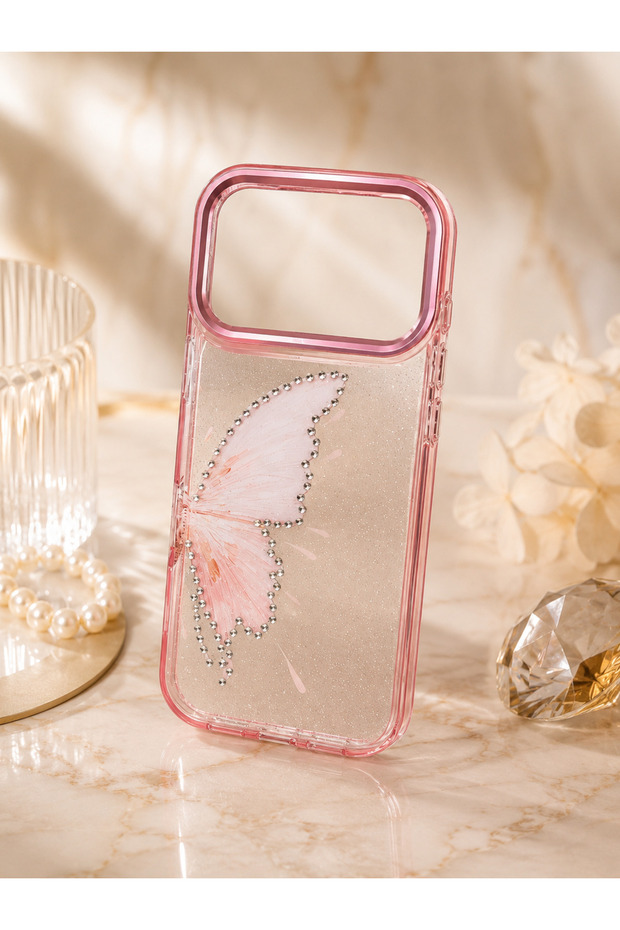 iPhone 17 Pro Max (6.9 Inch) Compatible Silvery Transparent Butterfly Pattern Color Gradient Processing Stone Detail Metal Camera Protected Hard Silicone Butterfly Case