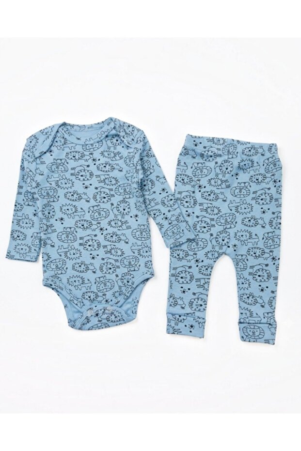 100% Cotton 0-3-6-9-12 Months Lion Printed Snap-On Bodysuit with Pants 2-Piece Ribbed Thin Set