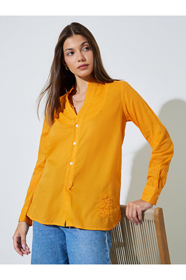 Orange Solid Long Sleeves Button Front Blouse