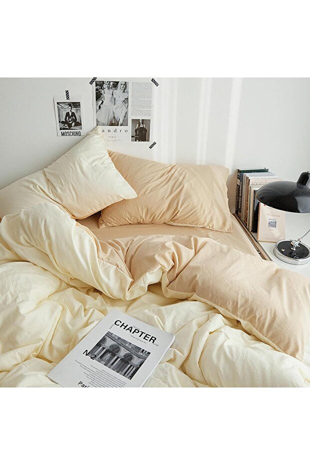 Duvet Cover Set King Size 4 Pcs, Soft Washed Cotton Bedding Set - Milk Tea Cheese