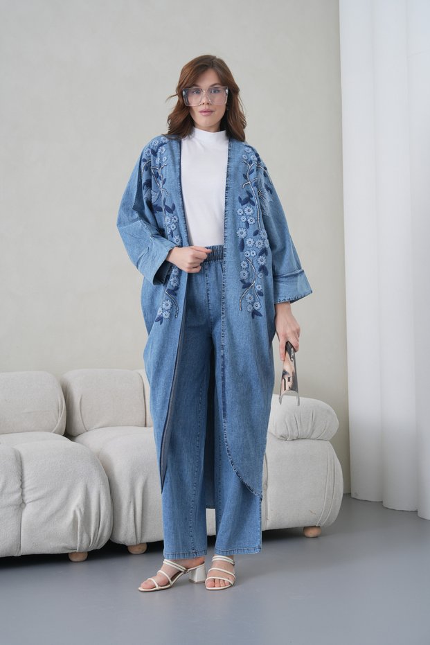 Women's Bead Embellished Denim Kimono Cardigan and Denim Trousers Set