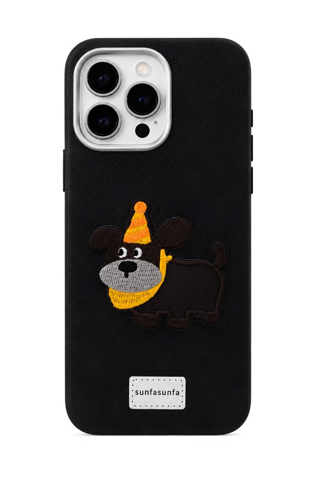 iPhone 15 Pro Max Compatible Leather-Look Silicone Cover with Embroidered Hat and Dog Figure