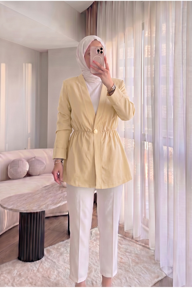 Women's Elastic Waist Gold Buttoned Seasonal Stylish Hijab Blazer Jacket