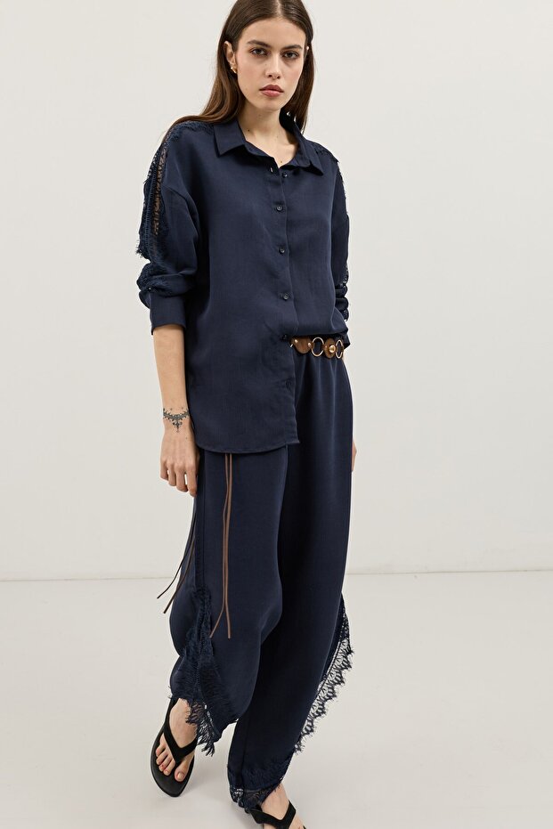 Navy Blue Lace Embroidered Women's Trousers