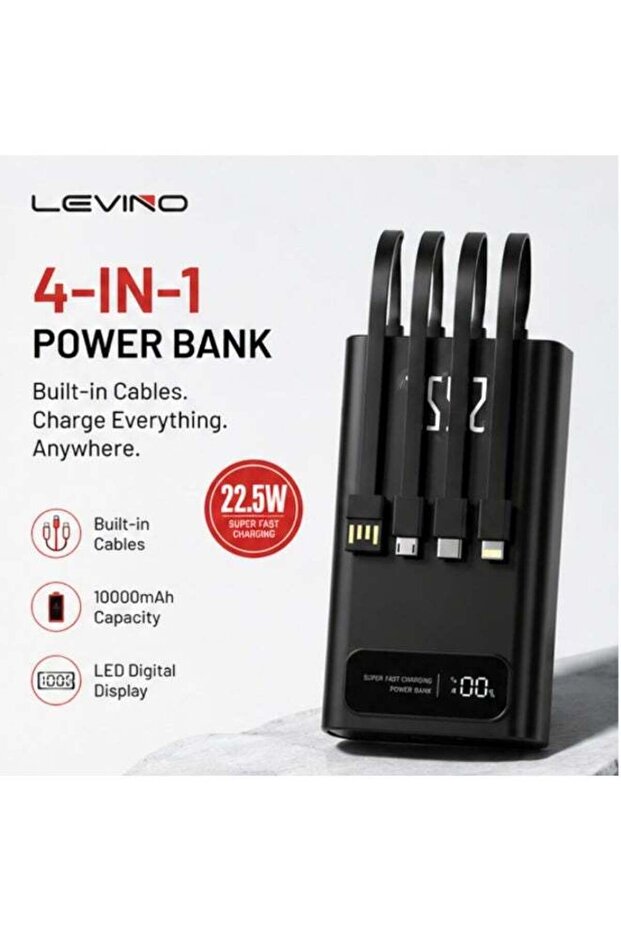 N-66 10000mAh Power Bank, 22.5W Fast Charging Portable Charger with Built-in Multi Charging Cables, LED Digital Display, USB-C Input, Compact Battery Pack for iPhone, Samsung, Huawei & More
