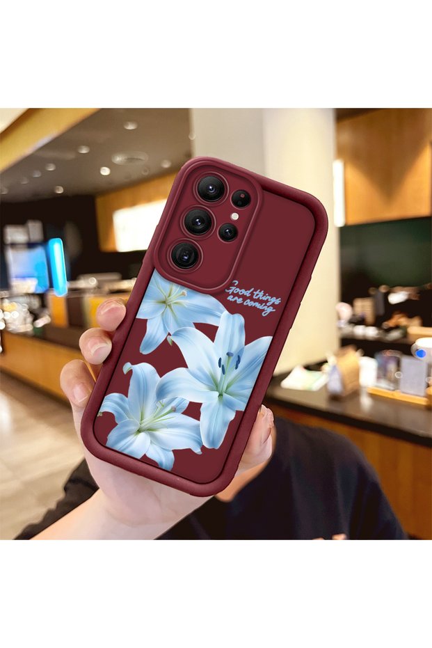Samsung Galaxy S22 Ultra Compatible Case Camera Protector Burgundy Silicone Couple Phone Case Floral Pattern