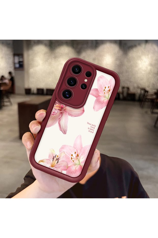 Samsung Galaxy S24 Ultra Compatible Case Camera Protector Burgundy Silicone Couple Phone Case Floral Pattern
