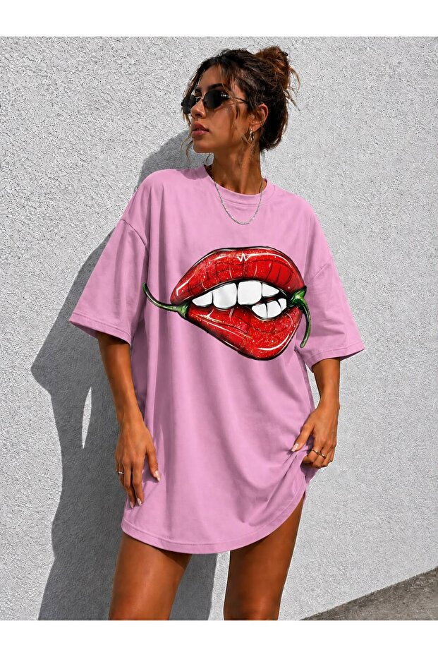 Women's Lip&Pepper Printed Oversize Crew Neck Tunic T-Shirt