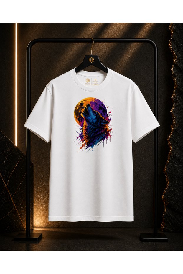 Unisex Colorful Howling Wolf Printed 100% Cotton Oversize Crew Neck Short Sleeve T-Shirt White