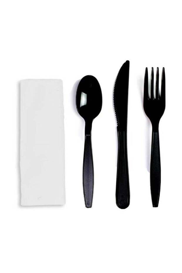 Plastic Cutlery Set, Black, Fork Knife and Spoon with White Napkin, Heavy Duty (Pack Of 25)