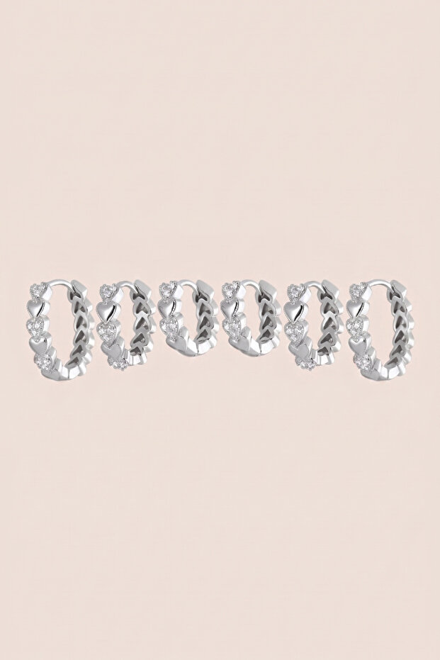 Silver Color Zircon Stone Row Heart Shaped 6-Piece Hoop Earring Set
