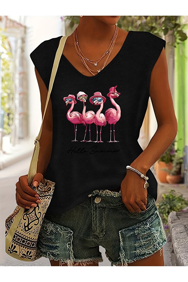 Women's Mix Printed V-Neck Sleeveless Regular Fit Comfortable T-Shirt