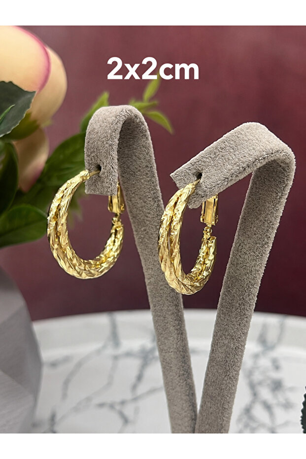 Women's Gold Color Steel Twisted Patterned 2-Piece Hoop Earrings (2X2Cm)