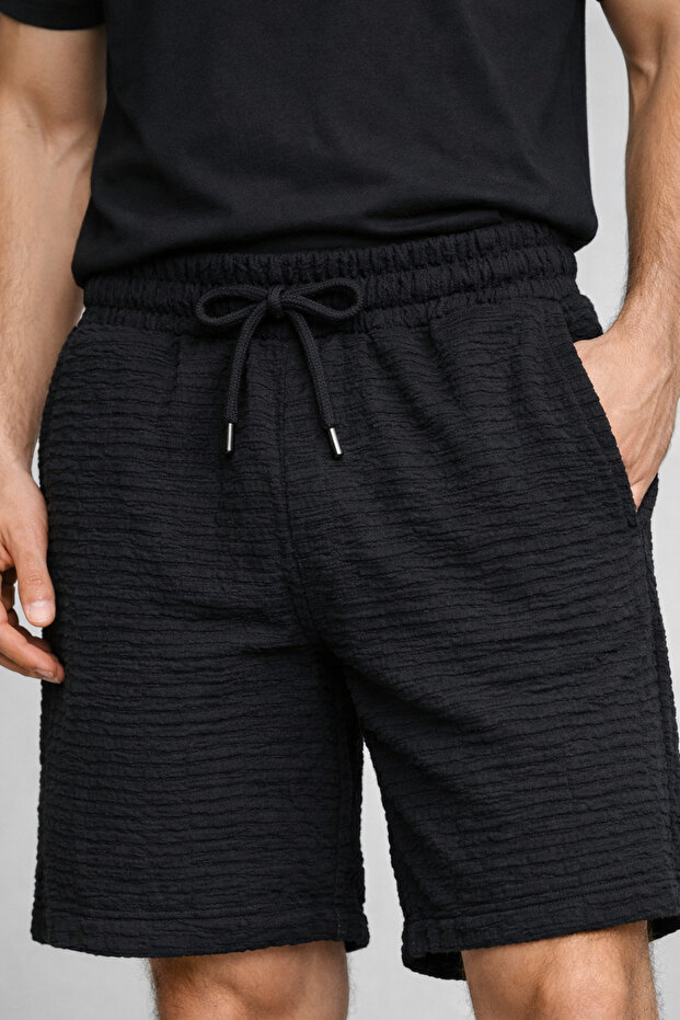 Plus Size Men's Black Textured Shorts – Elastic Waist, Lace-Up, Back Pocket, Side Pocket