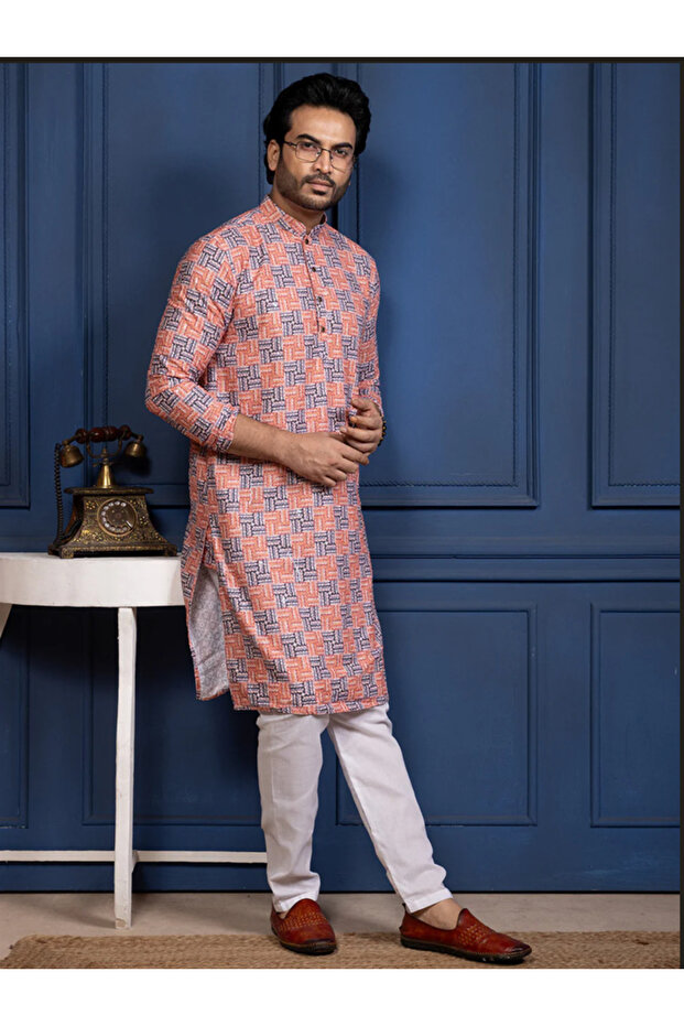 Mens Printed Cotton Kurta Set with All Over Thread Work