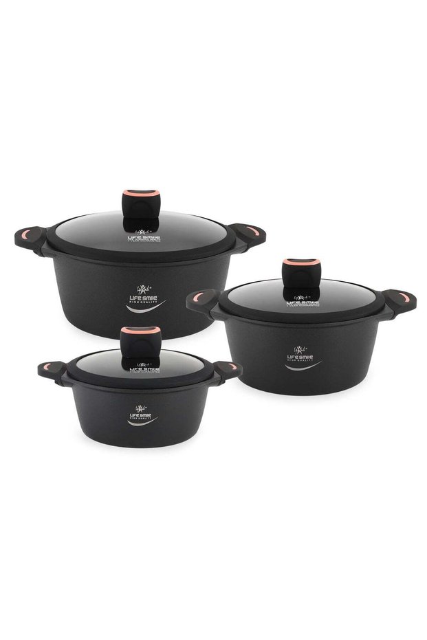 Life Smile 6Pcs Non-Stick Cookware Sets-Titanium Coating Cookwares, Cooking Set Non-Stick Includes 20/24/28cm Casserole with Lid,Oven Safe Aluminium Pots Set