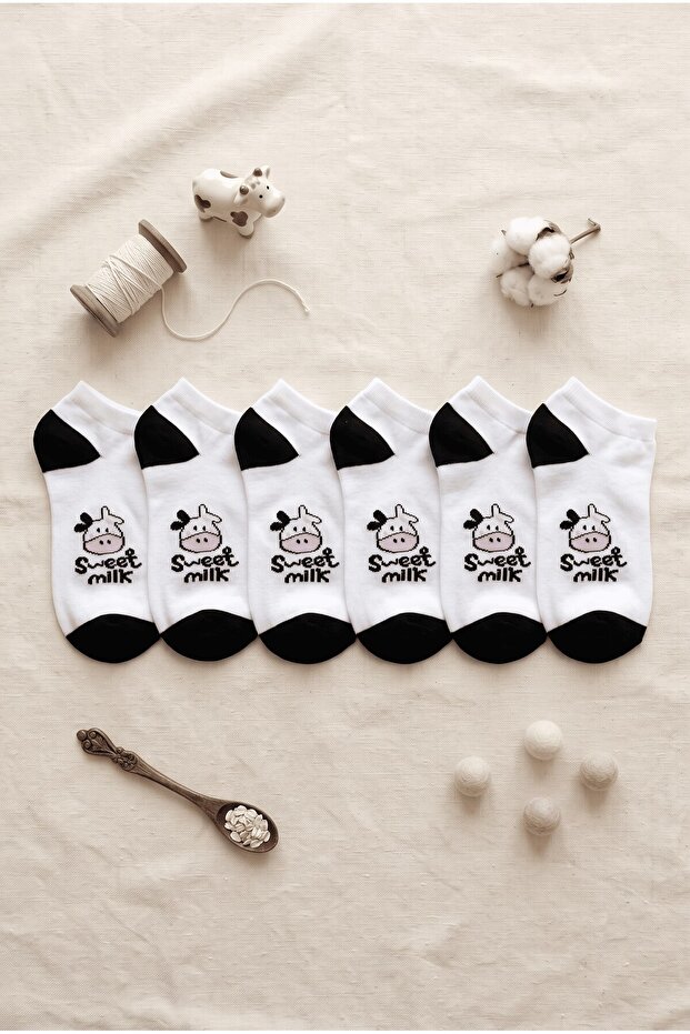 Women's Black and White 6-Piece Patterned Women's Socks Set - Soft Cotton