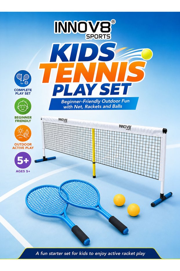 Kids Tennis Play Set with 240 x 60 cm Freestanding Net, 2 Blue Rackets and 2 Yellow Balls, Beginner Outdoor Sports Toy for Backyard, Garden and Active Play for Kids, Boys & Girls Ages 5+