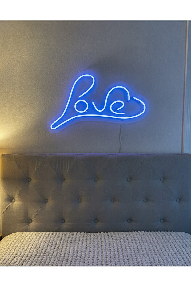 Love Yazılı LED Neon Duvar Tablosu | Mavi Aydınlatmalı Modern Dekor | Yatak Odası - 1