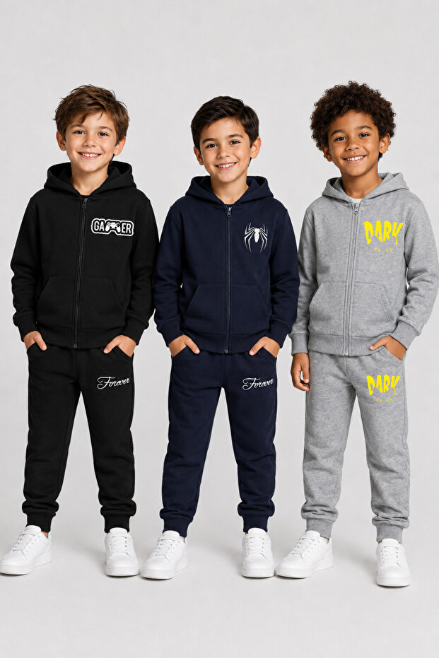 3-Piece Zippered Printed Unisex Children's Top and Bottom Tracksuit Set