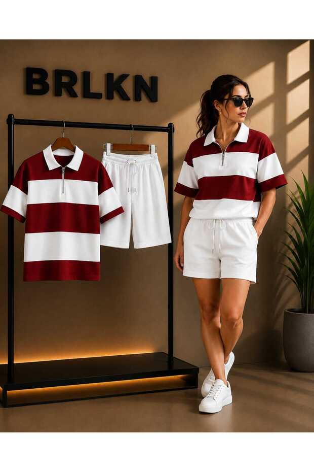 Striped Polo Neck T-Shirt - Shorts Set