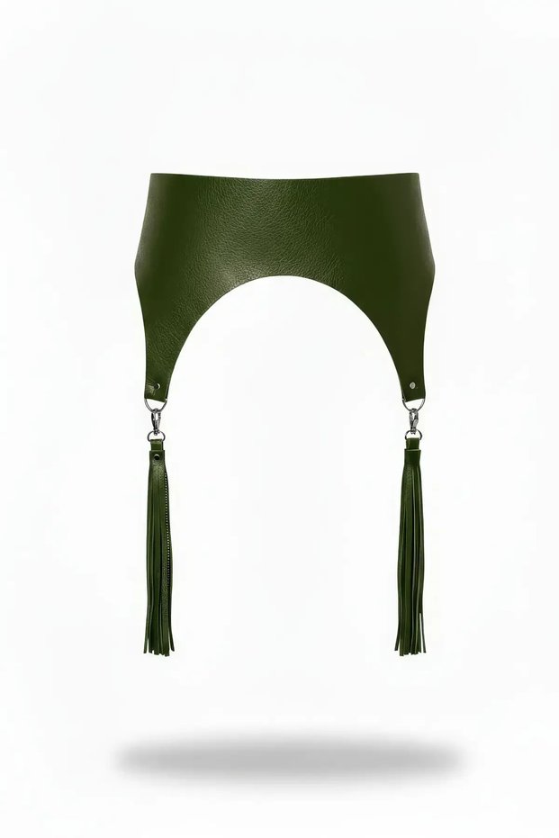 Khaki Women's Belt Wide Faux Leather with Tassel Detail
